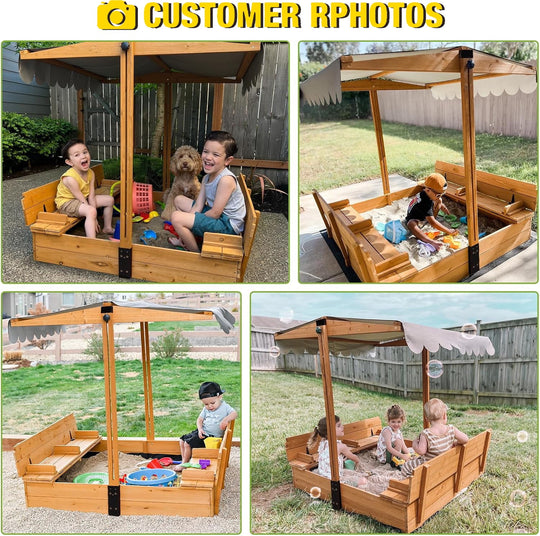 MEDEHOO Sandbox with Cover Wooden Sand Box with Lid Foldable Beench Seats and Retractable Roof Large Sand Boxes for Backyard Garden Beach Patio 47"