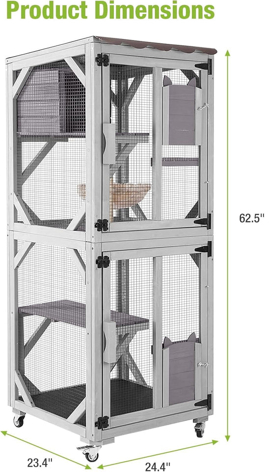 MEDEHOO Catio Outdoor Cat Enclosure with Wheels, Outdoor Cat House with Weatherproof Roof, 3 Platforms, Large Window Catio Portable Cat Cage Indoor for 2-3 Cats, 23.4" D x 24.5" W x 62.8" H - Grey AIR22-M-1-WM