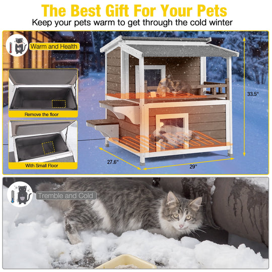 MEDEHOO Heated Outdoor Cat House for Outside Insulated Feral Cat Shelter Weatherproof with Heated and Insulated Liner 2 Story, Brown