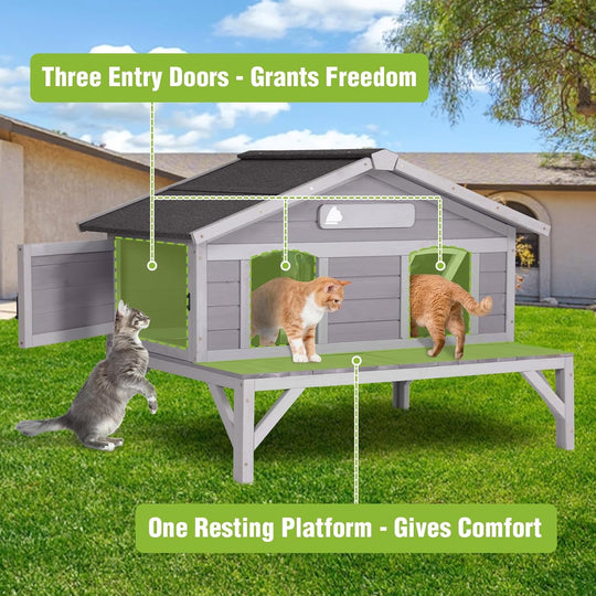 MEDEHOO Outdoor Cat House Weatherproof with 3 Entry Doors, Elevated Base &amp; PVC Curtain, Indoor/Outdoor Kitty Shelter for Small-Medium Pets