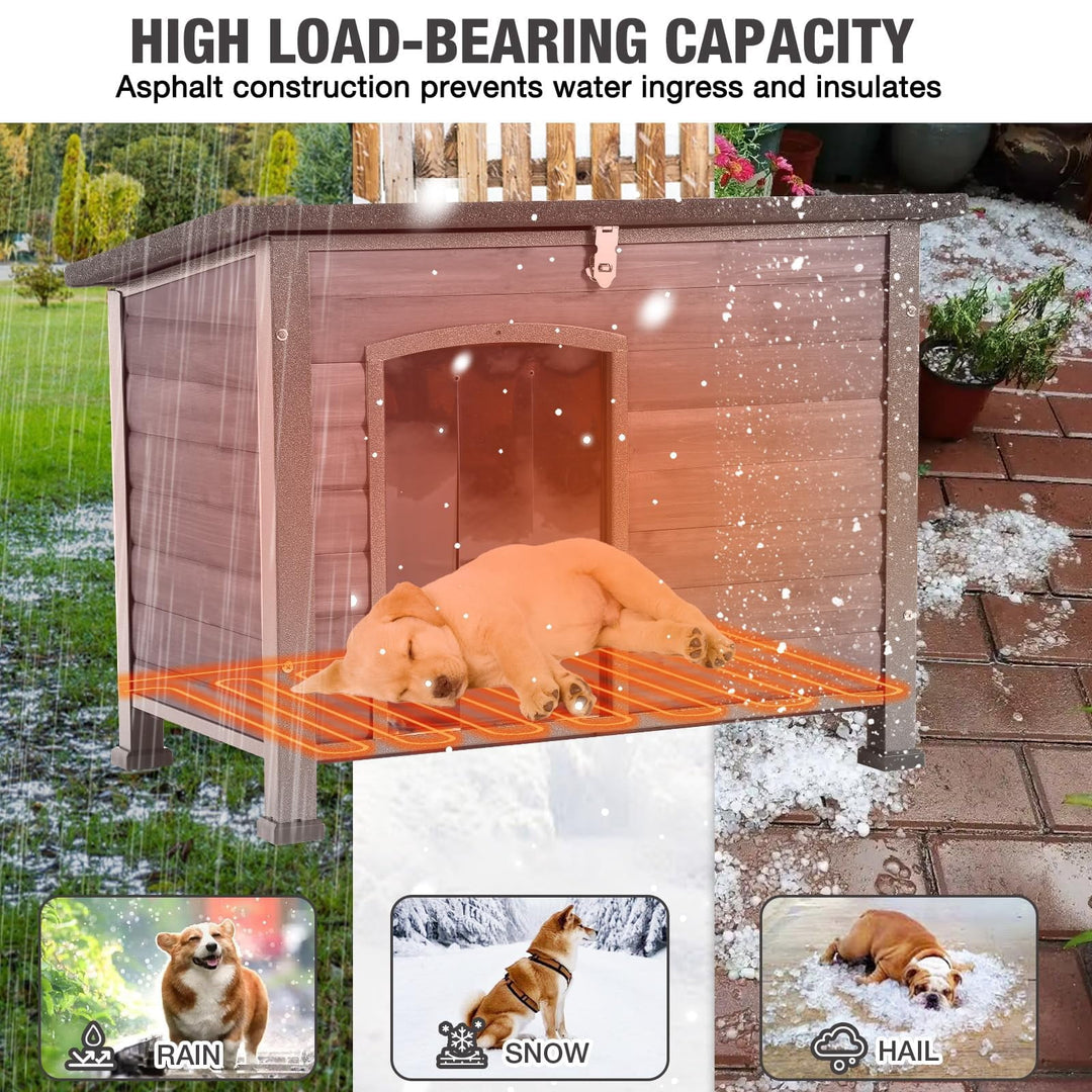 MEDEHOO 34.6’’ Heated Outdoor Dog House Weatherproof Outdoor Wooden Dog Kennel with Openable Roof Chew-Proof Metal Frame for Outside Dogs DH73-IN-HP-ML-WM