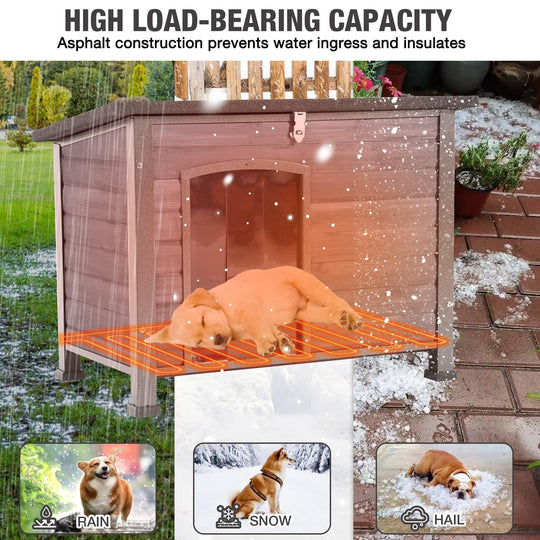 MEDEHOO 34.6’’ Heated Outdoor Dog House Weatherproof Outdoor Wooden Dog Kennel with Openable Roof Chew-Proof Metal Frame for Outside Dogs DH73-IN-HP-ML-WM