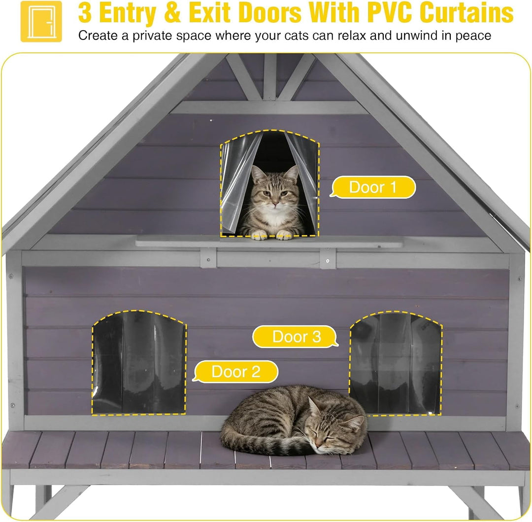 MEDEHOO 2-Story Outdoor Cat House Weatherproof Insulated Feral Cat Shelter with Waterproof Roof, Elevated Floor, Escape Door for 1-4 Indoor Outdoor Cats