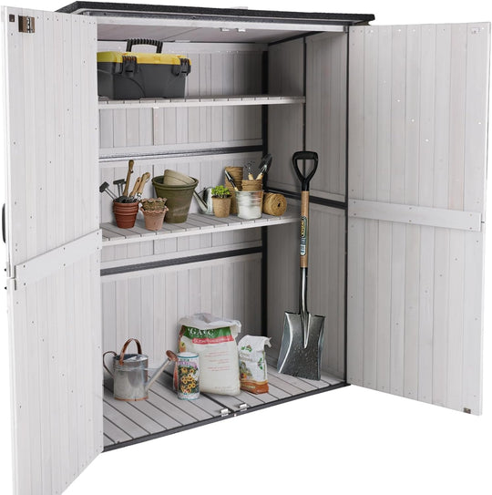 MEDEHOO Outdoor Storage Shed with Metal Frame,Wooden Tool Cabinet with Adjustable Shelfs, House Garden Shed for Backyard Garden Patio Lawn