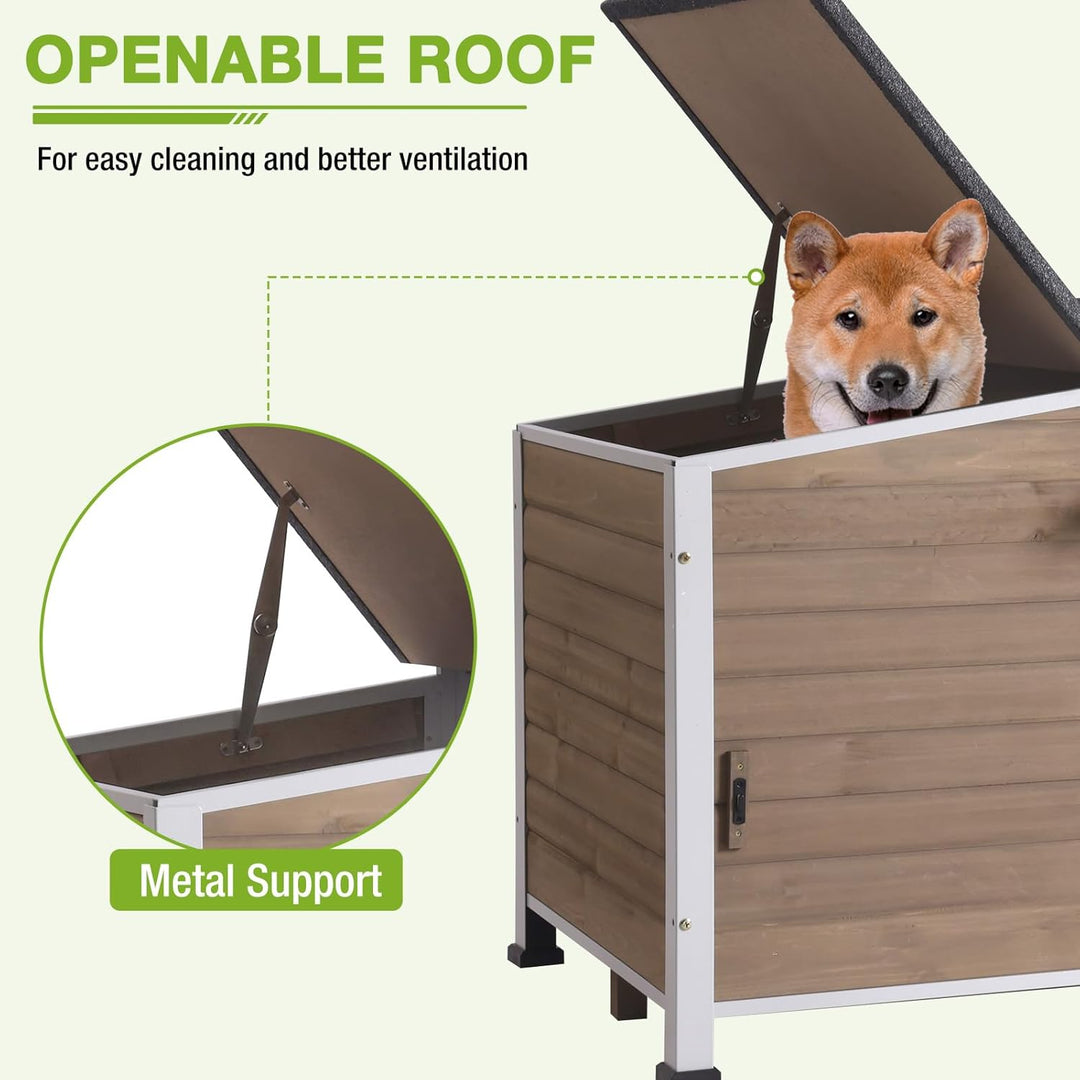MEDEHOO Heated Dog House Outdoor with Heating Pad and Insulated Liner, Wooden Dog Kennel with Anti-Chewing Metal Frame, Weatherproof Dog Shelter with Bowls for Outdoor or Indoor Use (Light Brown)