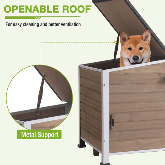 MEDEHOO Heated Dog House Outdoor with Heating Pad and Insulated Liner, Wooden Dog Kennel with Anti-Chewing Metal Frame, Weatherproof Dog Shelter with Bowls for Outdoor or Indoor Use (Light Brown)