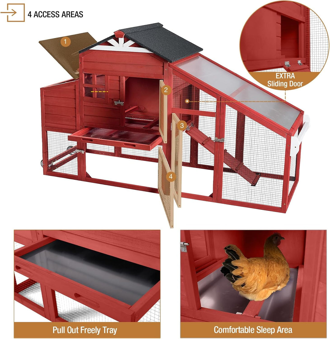 MEDEHOO 73.4" Large Chicken Coop with Wheels for Outdoor, Mobile Chicken House with Nest Box &amp; Removable Tray for 2-5 Chickens, Weatherproof Poultry Cage, Red SKY32-R-WM
