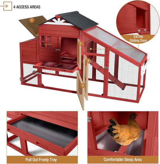 MEDEHOO 73.4" Large Chicken Coop with Wheels for Outdoor, Mobile Chicken House with Nest Box &amp; Removable Tray for 2-5 Chickens, Weatherproof Poultry Cage, Red SKY32-R-WM
