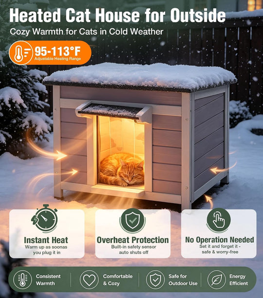 MEDEHOO Heated Outdoor Cat House with Heater and Insulated Liner Weatherproof Insulated Feral Cat Shelter for Winter AIR12-IN-HP-WM