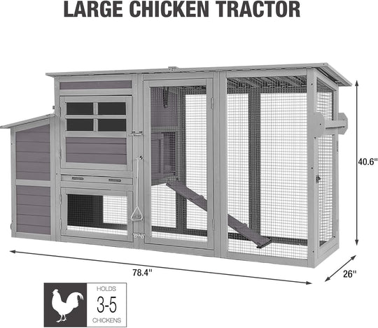 MEDEHOO 78.4" Large Chicken Coop for 4-6 Chickens with Wheels Weaterproof Hen House with Large Run, Nesting Box, Metal Pull Out Tray SAIR31-WM