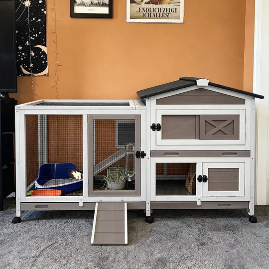 MEDEHOO Rabbit Hutch Bunny Cage Outdoor &amp; Indoor with Wheels, Two Layer Guinea Pig House with Pull Out Tray, Chew-Proof Ramp, Waterproof Roof
