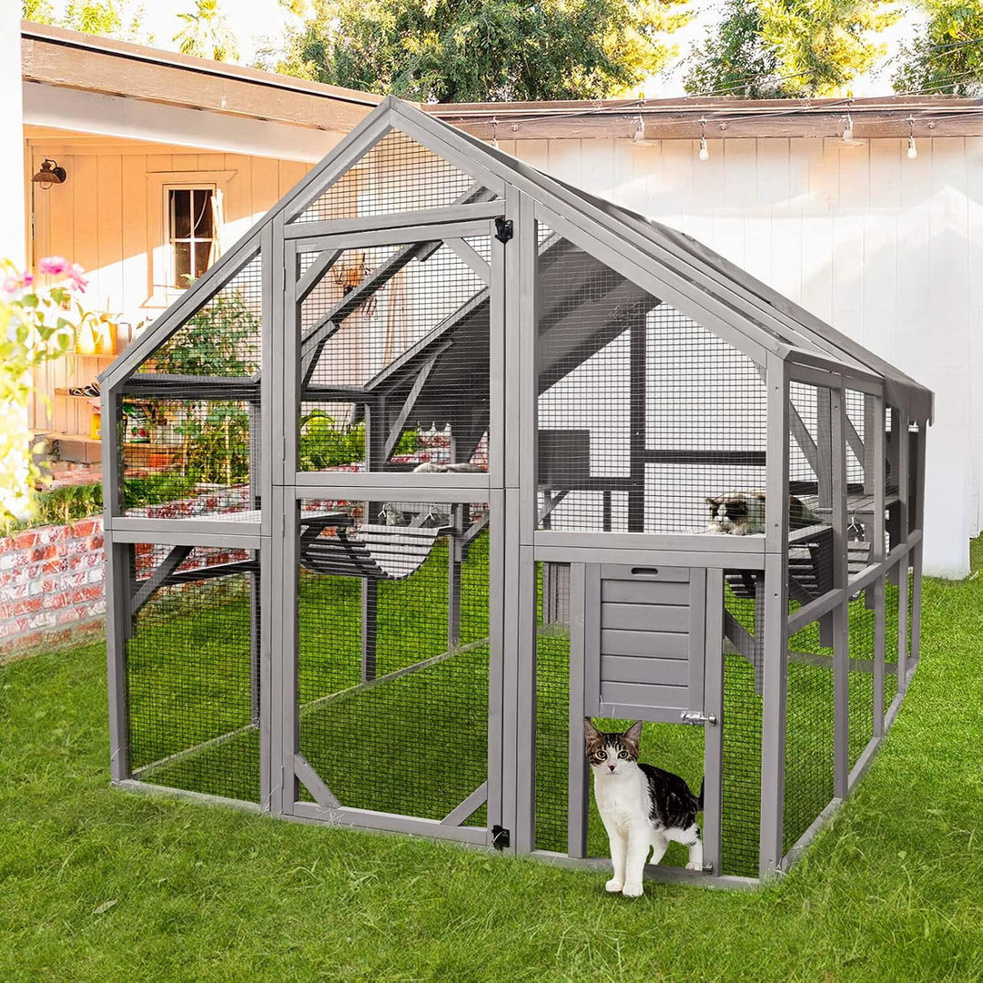MEDEHOO Catio Outdoor Cat Enclosure Large Cat Run with Bridges, Walks, Small Houses, Roof Cover 110" AIR52-PA-WM