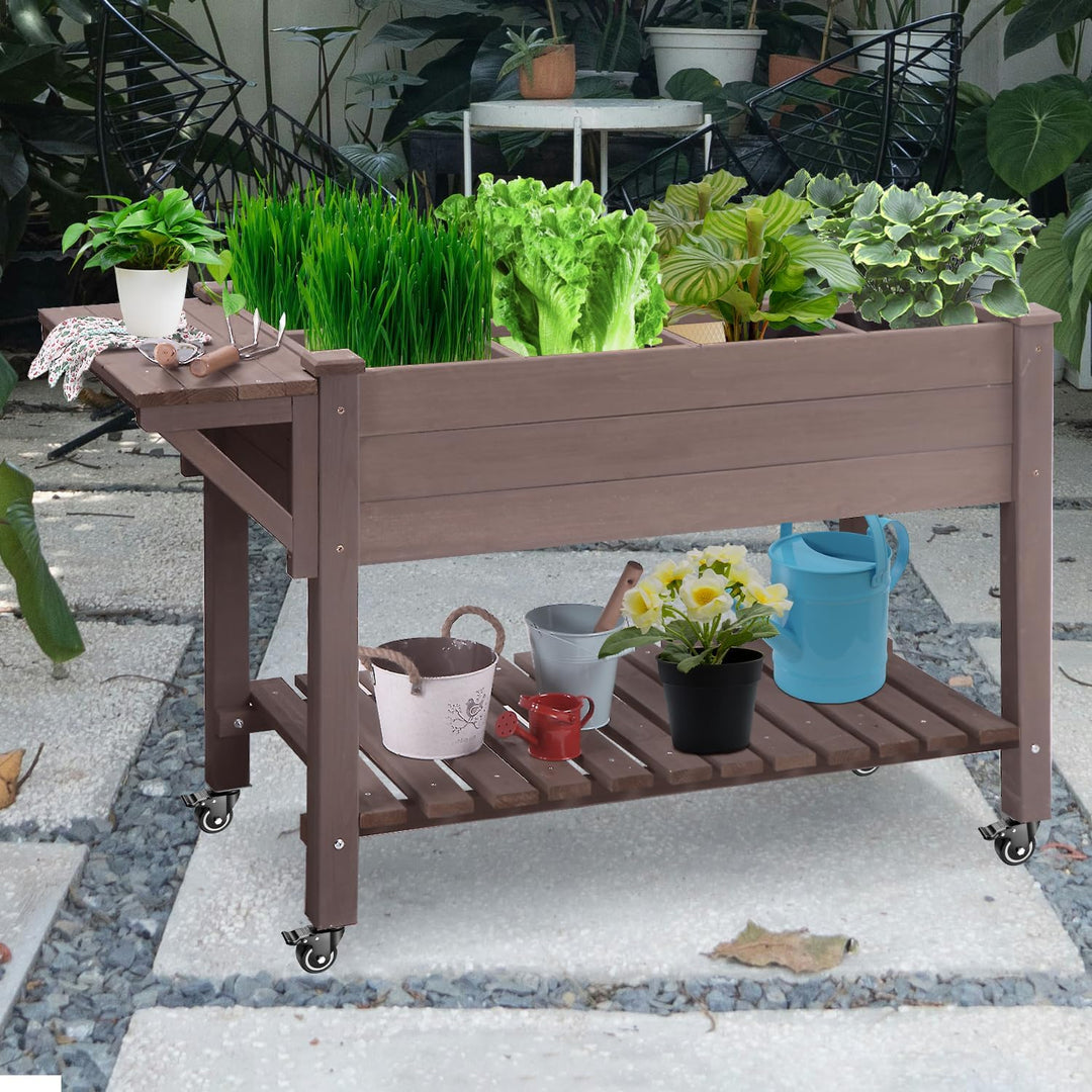 MEDEHOO Elevated Planter Box with Locking Casters – 52.7" L x 22" W x 30" H, Raised Garden Bed with Removable Liner (Brown)
