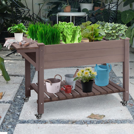 MEDEHOO Elevated Planter Box with Locking Casters – 52.7" L x 22" W x 30" H, Raised Garden Bed with Removable Liner (Brown)