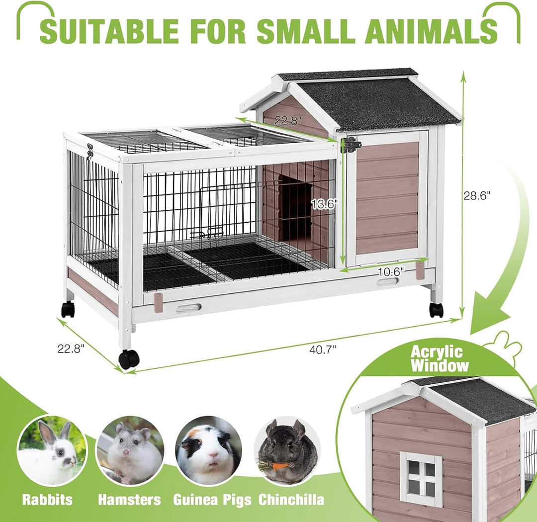 MEDEHOO Rabbit Hutch Indoor and Outdoor, Wooden Rabbit Cage with Wheels, Mobile Bunny House with Leakproof Tray and Removable Wire Floor, Guinea Pig Cage with Run (Brown) RA24-B-2DML-WM