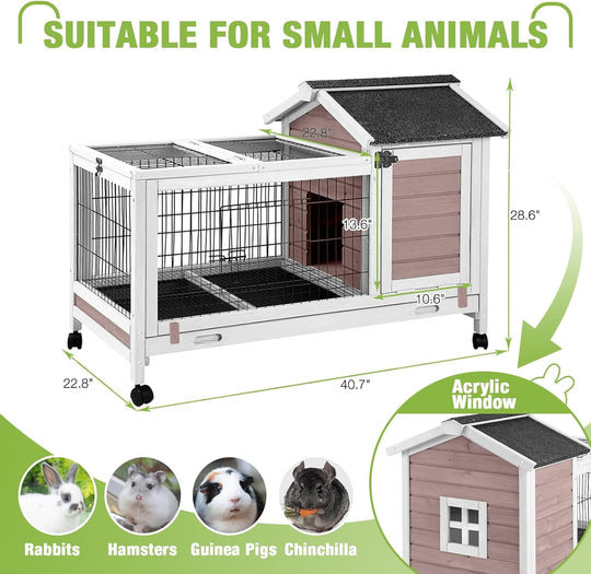 MEDEHOO Rabbit Hutch Indoor and Outdoor, Wooden Rabbit Cage with Wheels, Mobile Bunny House with Leakproof Tray and Removable Wire Floor, Guinea Pig Cage with Run (Brown) RA24-B-2DML-WM