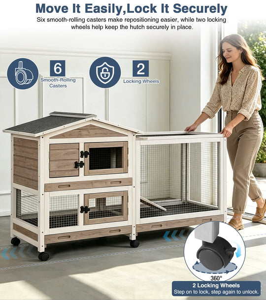 MEDEHOO 62"L Rabbit Cage Indoor Rabbit Hutch on Wheels with Chew-Proof Ramp and Pull Out Tray Bunny Hutch Guinea Pig Cage with Run Brown