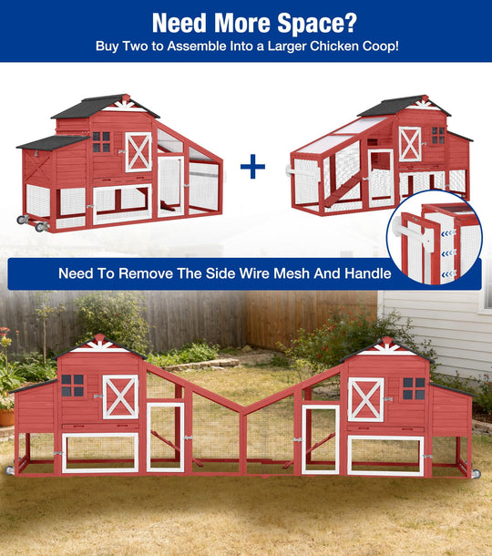 MEDEHOO 73" Mobile Chicken Coop with Run for 2-4 Chickens, Large Wooden Hen House with Nesting Box, 2 Perches and Easy-Clean Pull-Out Tray, Gray AIR32-R-9-AD-2-WM