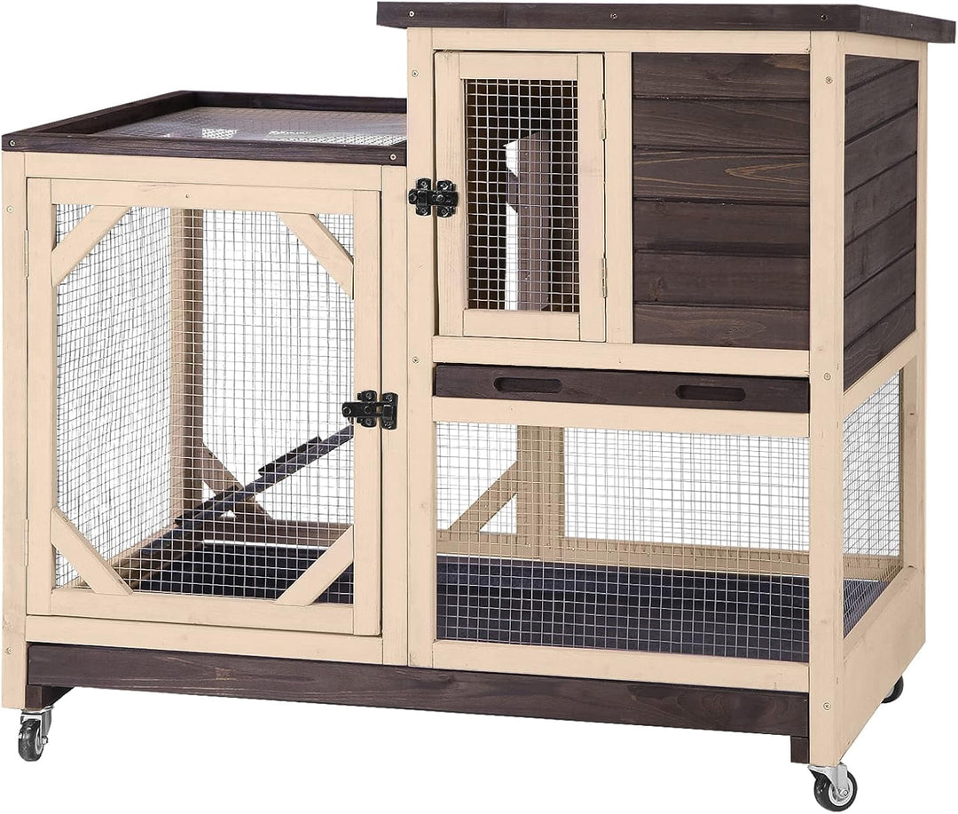 MEDEHOO Rabbit Hutch Rabbit Cage Indoor Bunny Hutch with Run Outdoor Rabbit House with Two Deeper No Leak Trays - 4 Casters Include (Without Bottom Wire Netting)