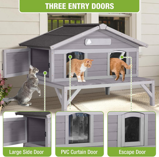 MEDEHOO Outdoor Cat House, Wooden Feral Cat Shelter with Large Balcony. Weatherproof Cat House for Stray Cats Outside with Escape Doors, Indoor Kitten Condo AIR92-ML-WM