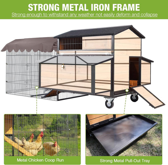 MEDEHOO Mobile Chicken Coop with Strong Iron Frame Outdoor Hen House with Run Poultry Cage with Waterproof Roof,Nesting Box,Pull-on Tray,6-8 Chickens AIR7019-00J-WM