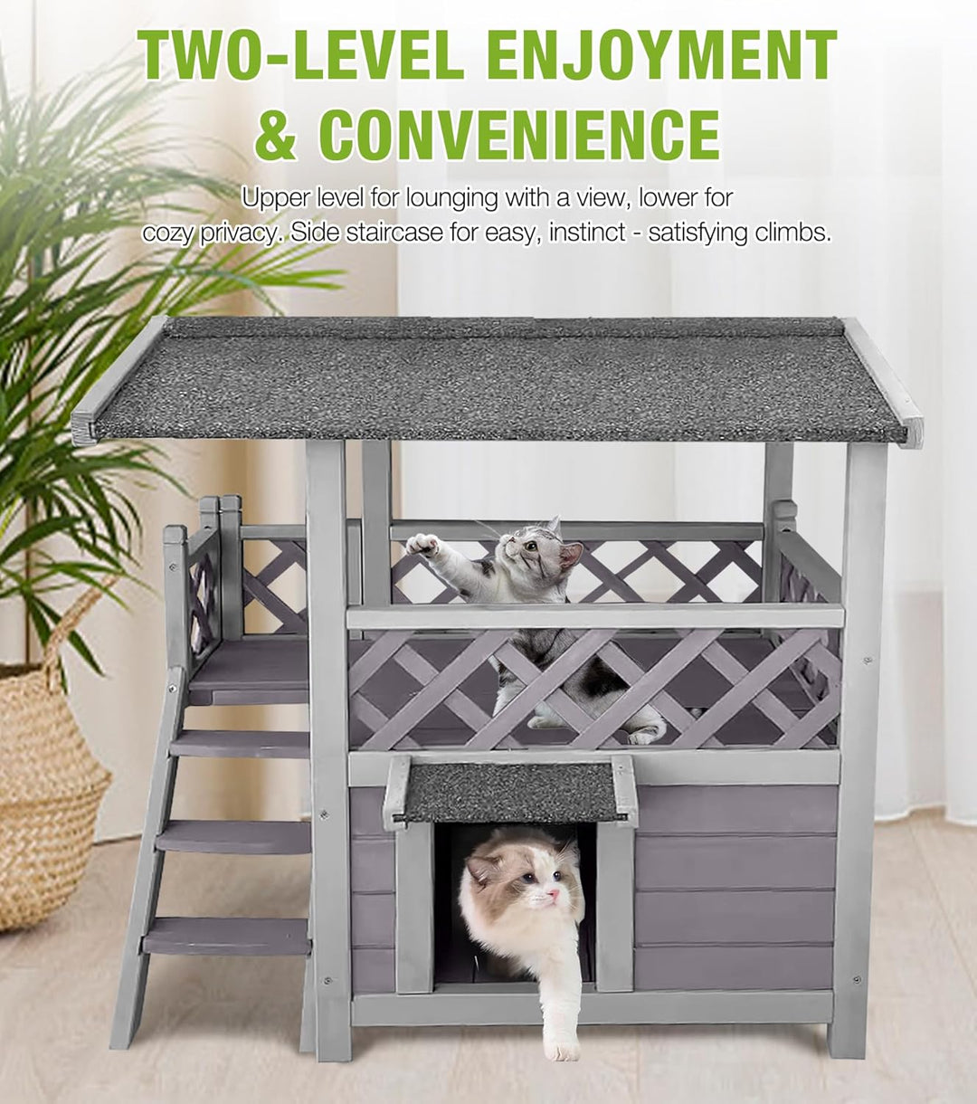 MEDEHOO Cat House Outdoor Weatherproof – 100% Solid Fir with Waterproof Paint, Two-Level Design, All-Weather Protection &amp; Elevated Base – Kitty Shelter for Feral Cats, Indoor/Outdoor Use