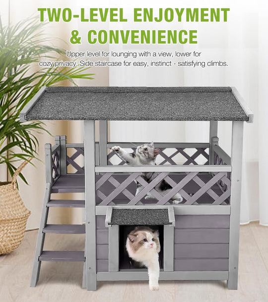 MEDEHOO Cat House Outdoor Weatherproof – 100% Solid Fir with Waterproof Paint, Two-Level Design, All-Weather Protection &amp; Elevated Base – Kitty Shelter for Feral Cats, Indoor/Outdoor Use