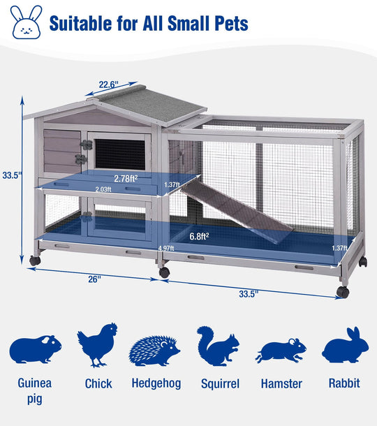 MEDEHOO Large Rabbit Hutch Indoor, Bunny Cage Outdoor with Chew-Proof Ramp, 2-Story Guinea Pig Cages with 6 Wheels, 3 Pull-Out Trays, Waterproof Asphalt Roof, 62" L - Gray