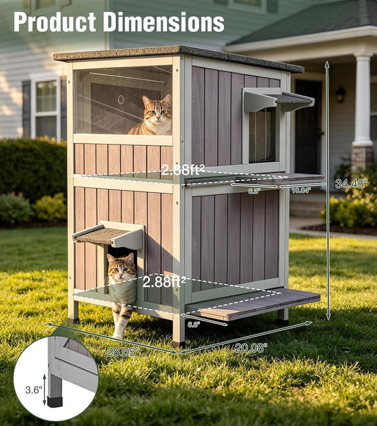 Avituvin Outdoor Cat House, 2-Level Feral Cat Shelter, Weatherproof Asphalt Roof, PVC Curtain, Jumping Platforms, Elevated Floor