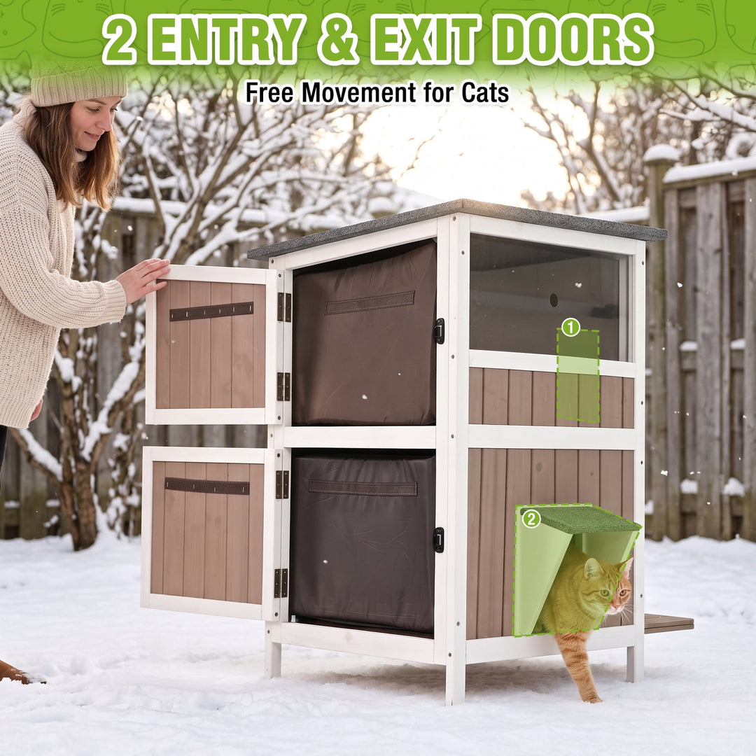 MEDEHOO 2-Story Heated Cat House Large Outdoor Insulated Cat House Weatherproof Feral Cat Shelter with Heated Pad, Insulated All-Round Thermal Liner for 1-4 Cats (Winter-Ready)