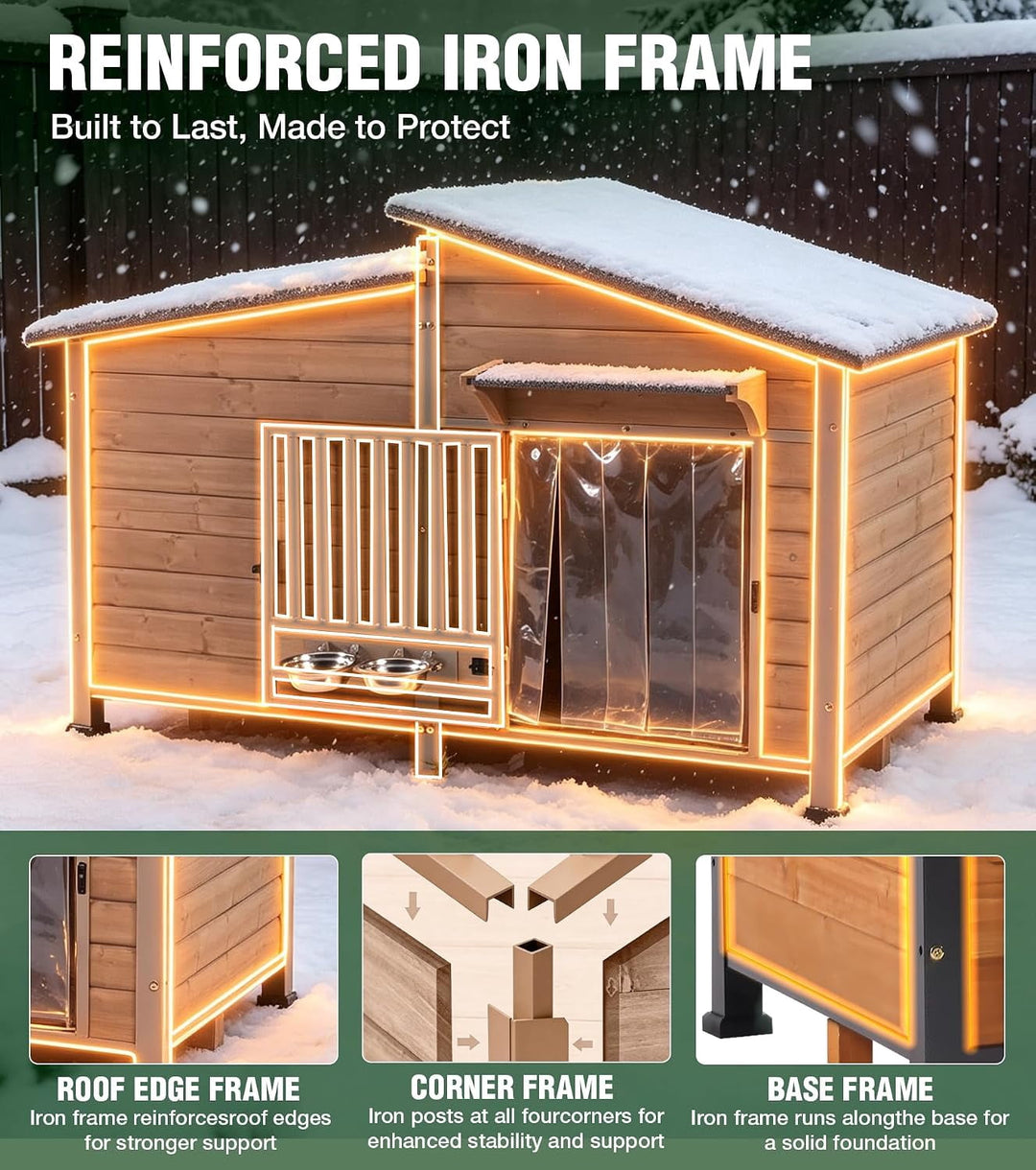 MEDEHOO Extra Large Heated Dog House Outdoor, 60" Insulated Kennel with Chew-Proof Metal Frame &amp; Rotating Bowls AIR7021-L-CG-HP-2-AD
