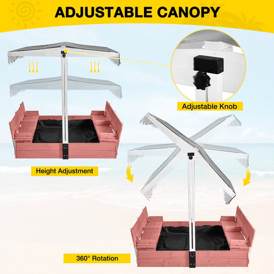 MEDEHOO Outdoor Sandbox with Cover &amp; Adjustable Canopy, Kids Sand Box with 2-IN-1 Foldable Seats, Pink GUT05-P-WM