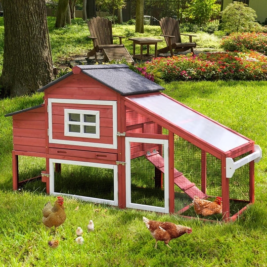 MEDEHOO Chicken Coop Mobile Chicken House On Wheel Outdoor Rabbit Hutch for 2-4 Chickens 67"(Red) AIR023-R2