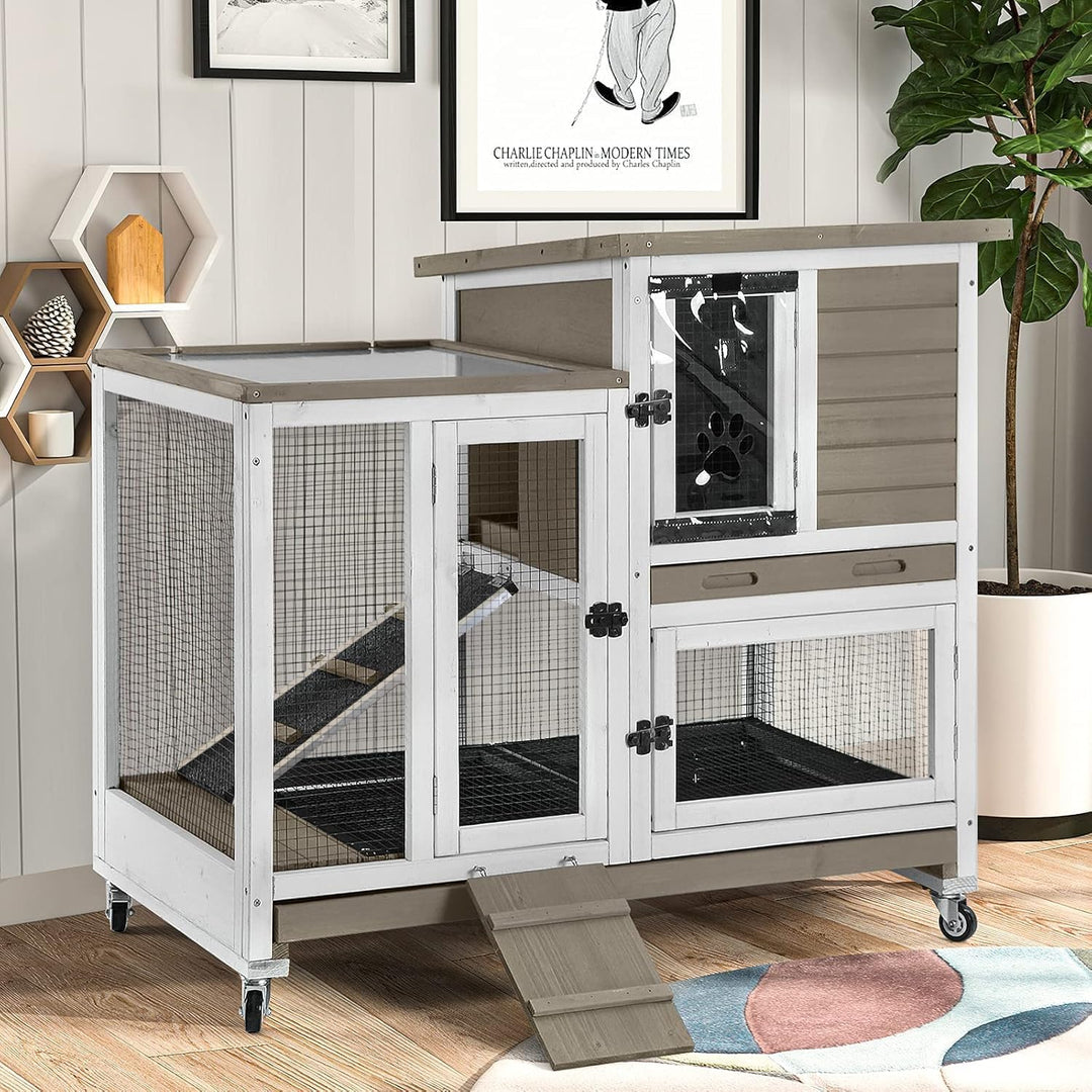 MEDEHOO Large Rabbit Hutch with Removable Wire Netting, 2 Deep Trays, 4 Wheels, Sliding Door, and Extra Access Door - Mocca Color AIR36-BS-WM