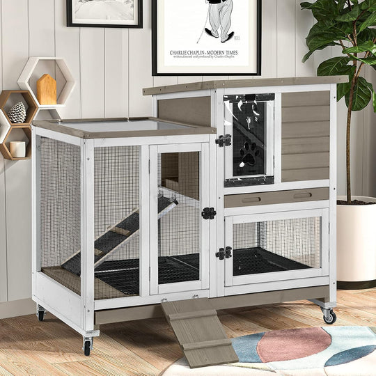 MEDEHOO Large Rabbit Hutch with Removable Wire Netting, 2 Deep Trays, 4 Wheels, Sliding Door, and Extra Access Door - Mocca Color AIR36-BS-WM