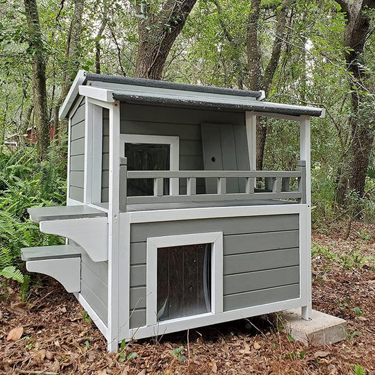 BUTINGLALE utdoor Feral Cat House, Wood Cat Shelter with Escape Door, Rainproof Outside Kitty House with Balcony AIR33-U