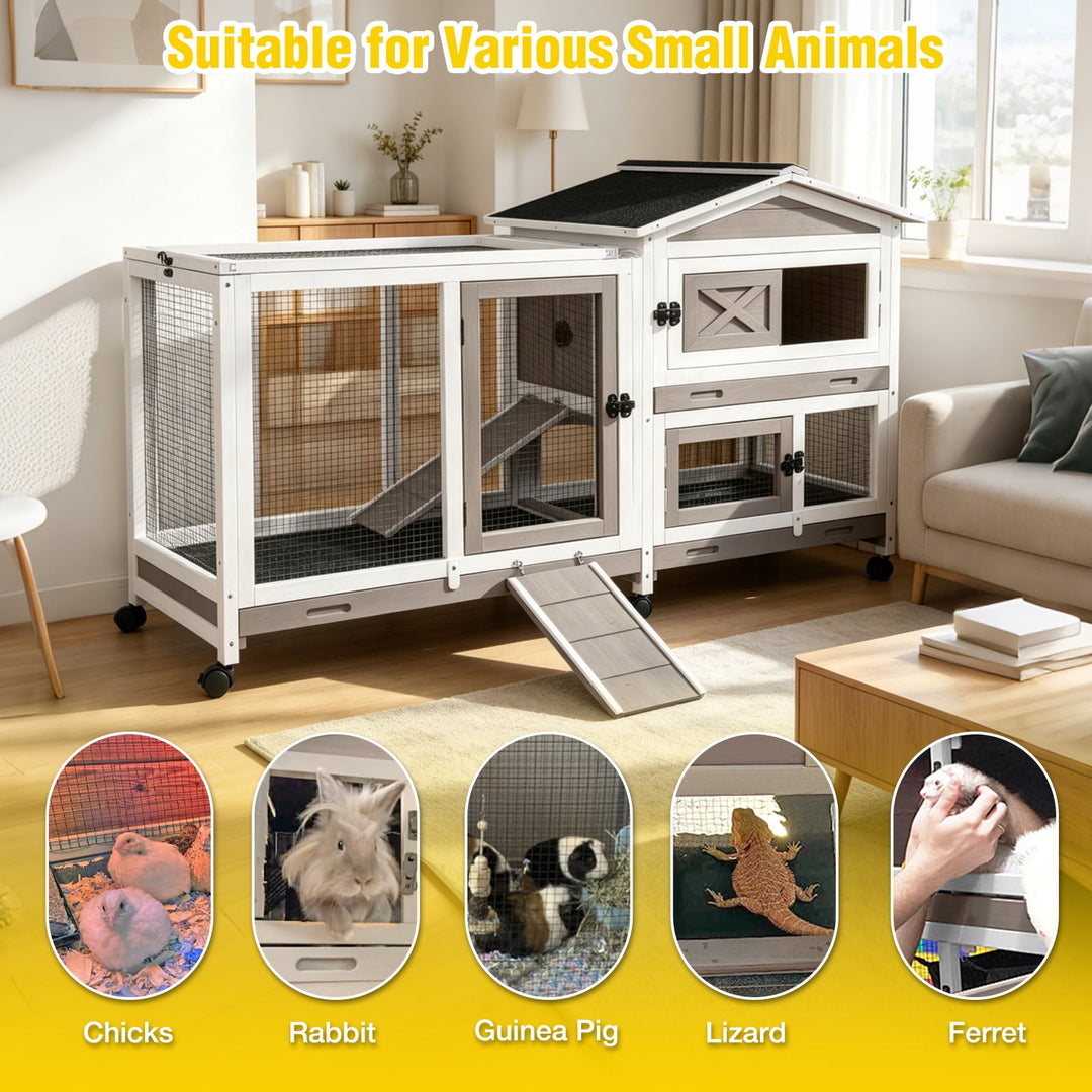 MEDEHOO Rabbit Hutch with Wheels for Outdoor &amp; Indoor, 2-Story Bunny Cage Guinea Pig House with Pull Out Tray for Rabbits, Gray