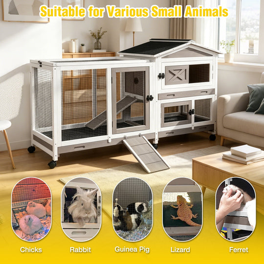 MEDEHOO Rabbit Hutch with Wheels for Outdoor &amp; Indoor, 2-Story Bunny Cage Guinea Pig House with Pull Out Tray for Rabbits, Gray