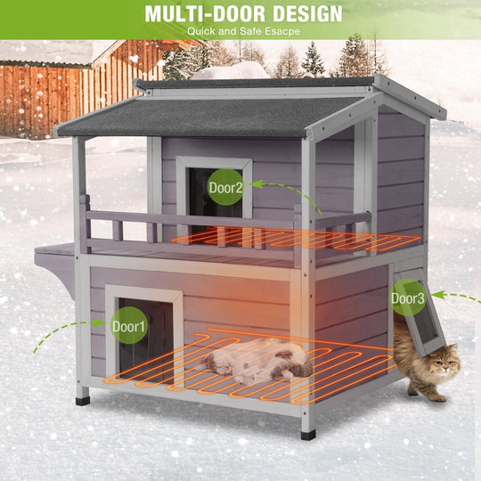 MEDEHOO Heated Cat House Outdoor 2 Story Insulated Liner Feral Cat Shelter Weatherproof for Outside with Heated Pad（Grey