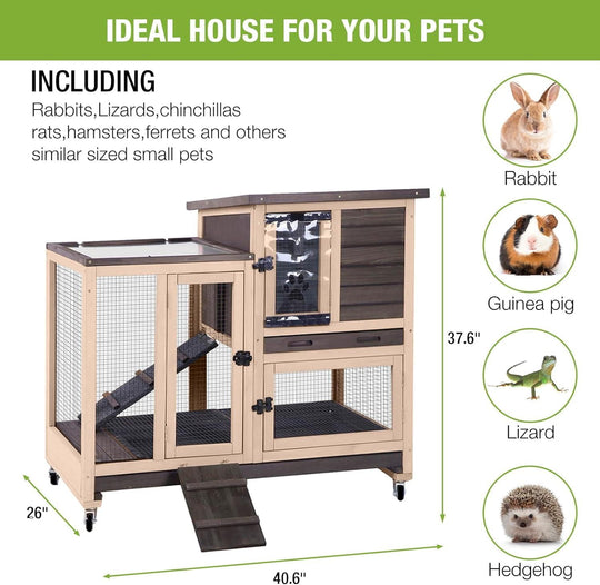 MEDEHOO Rabbit Hutch Wooden Rabbit Cage on Wheels 2 Story Guinea Pig Cage with Urine Guards,Pull Out Tray(Coffee Color) AIR35-00J
