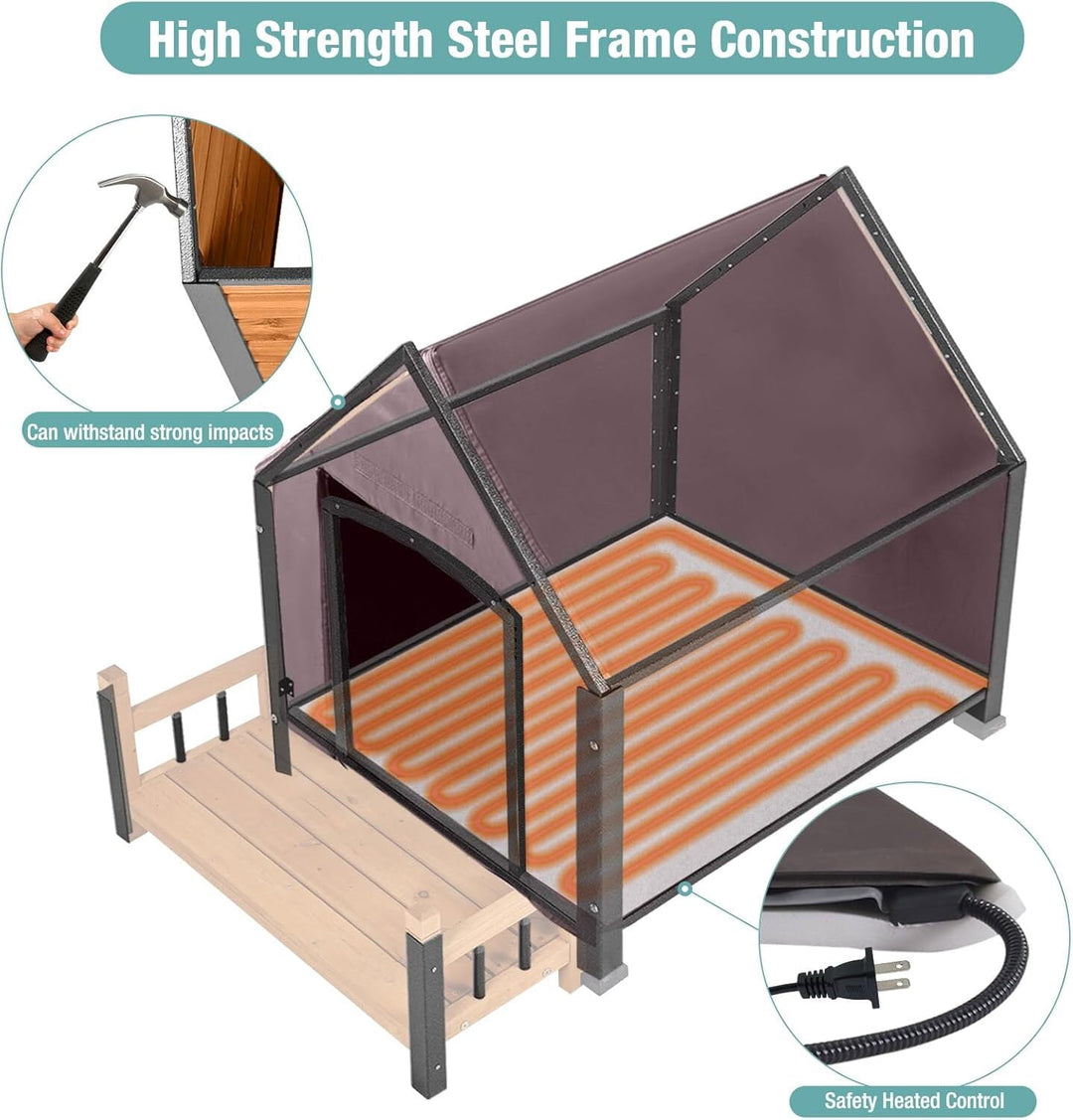 MEDEHOO Insulated Dog House with Heating Pad, Weatherproof Outdoor Kennel for Large Dogs, Chew-Resistant Iron Frame &amp; Asphalt Roof XLarge AIR80-L-HP-A12-WM