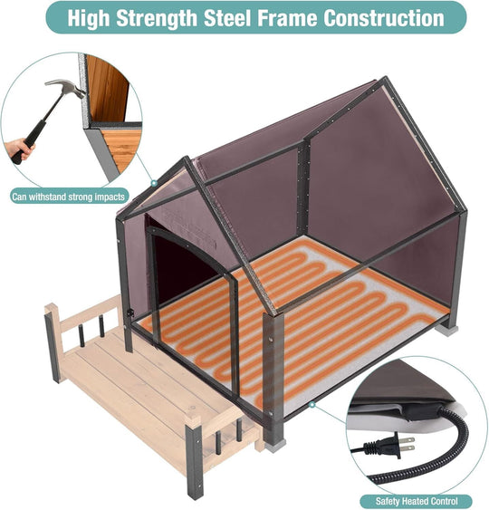 MEDEHOO Insulated Dog House with Heating Pad, Weatherproof Outdoor Kennel for Large Dogs, Chew-Resistant Iron Frame &amp; Asphalt Roof XLarge AIR80-L-HP-A12-WM