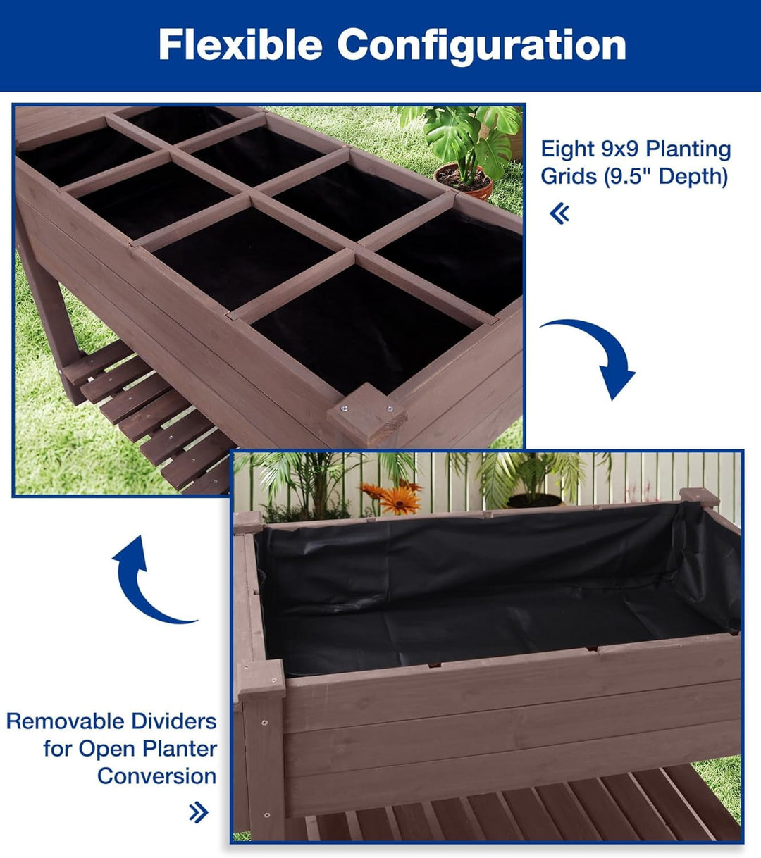 MEDEHOO Raised Garden Bed Outdoor with Wheels, 52.7" Elevated Wooden Garden Bed with 8 Planter Boxes, Removable Dividers, Storage Shelf, Standing Mobile Planter with Non-Woven Liner GUT2-WM