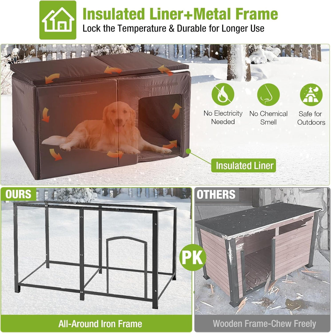 MEDEHOO Extra Large Insulated Outdoor Dog House with Insulated Liner for Winter, Weatherproof Dog Kennel with All-Around Iron Frame for Small, Medium, and Large Dog (Brown) AIR063-IN-WM