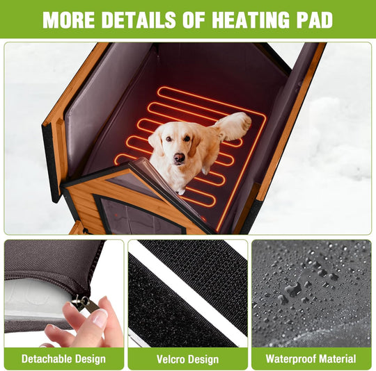 MEDEHOO Heated Outdoor Dog House Insulated Weatherproof Dog Kennel with All-Around Metal Frame, Anti-Bite Puppy Home with Porch, Dog Shelter for Large Breed (Brown, 50.9'' Large)