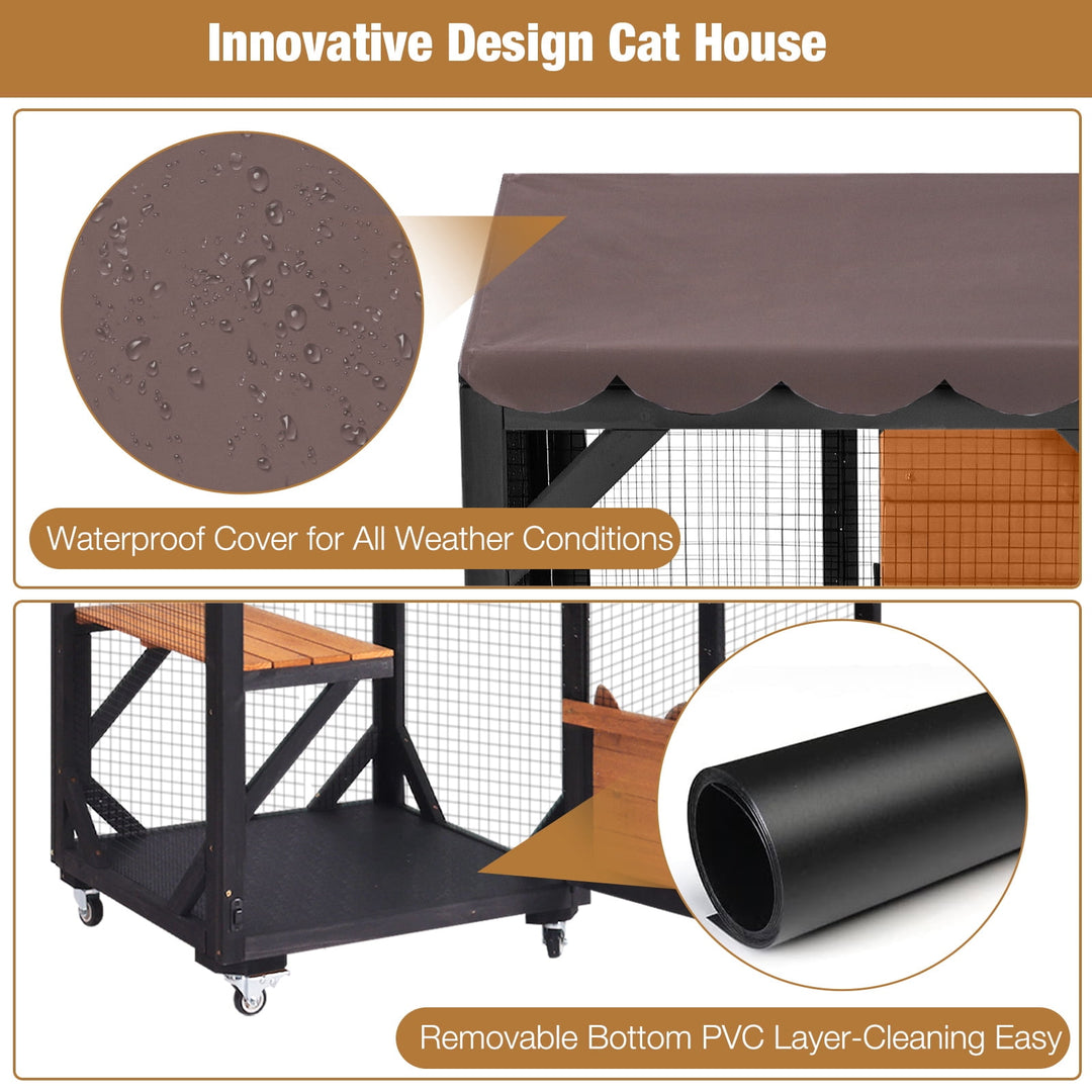 MEDEHOO 3-Tier Outdoor Catio with Wheels, Wooden Cat Enclosure with 4 Lockable Wheels &amp; Removable Hammock, Window Cat House for Multiple Cats, 63" Black