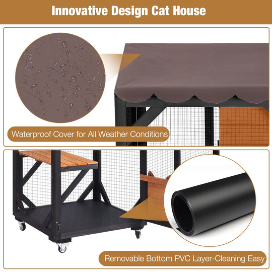MEDEHOO 3-Tier Outdoor Catio with Wheels, Wooden Cat Enclosure with 4 Lockable Wheels &amp; Removable Hammock, Window Cat House for Multiple Cats, 63" Black