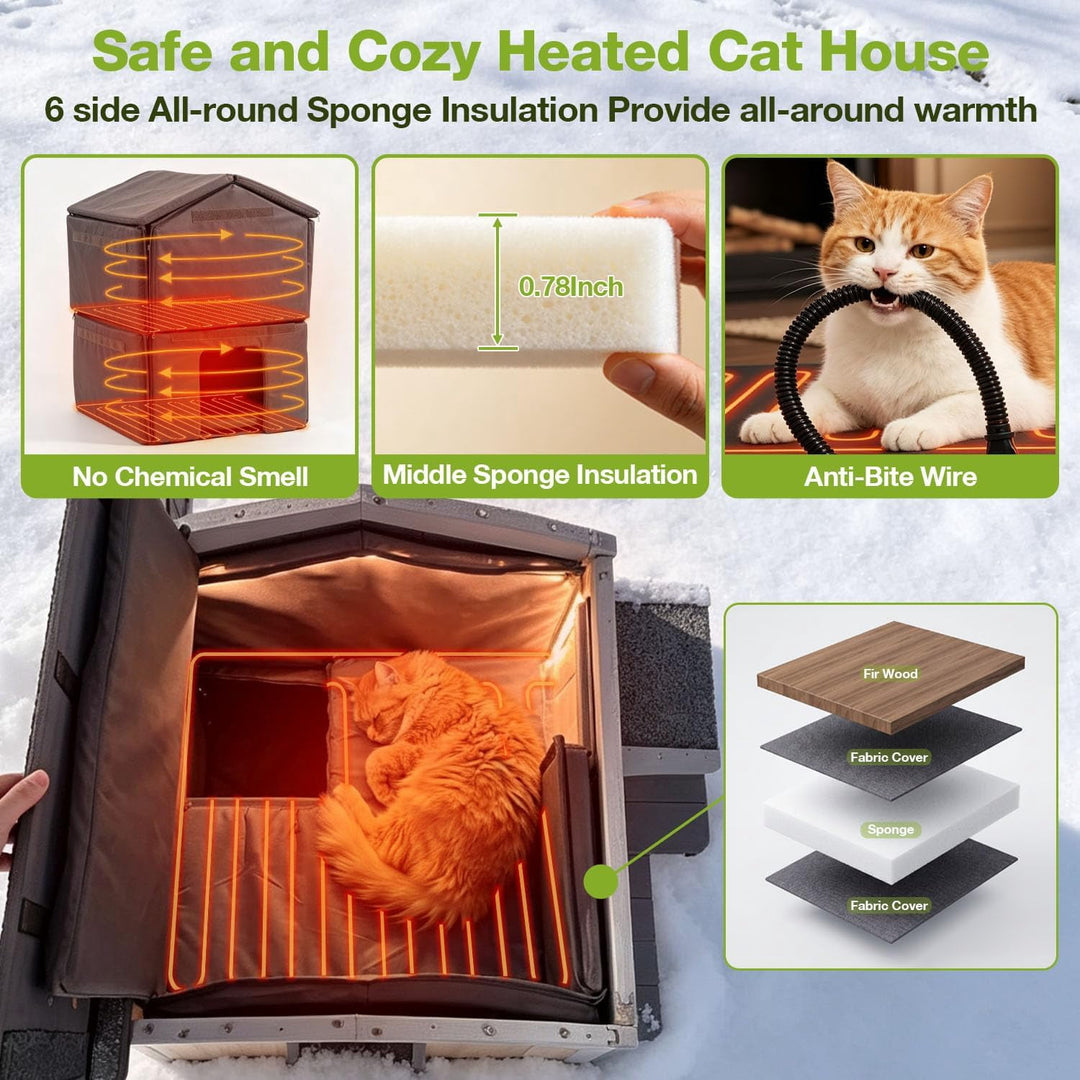 MEDEHOO Heated Outdoor Cat House for Outside, 2-Level Insulated Cat Shelter, Weatherproof Feral Cat House for Winter, White &amp; Brown