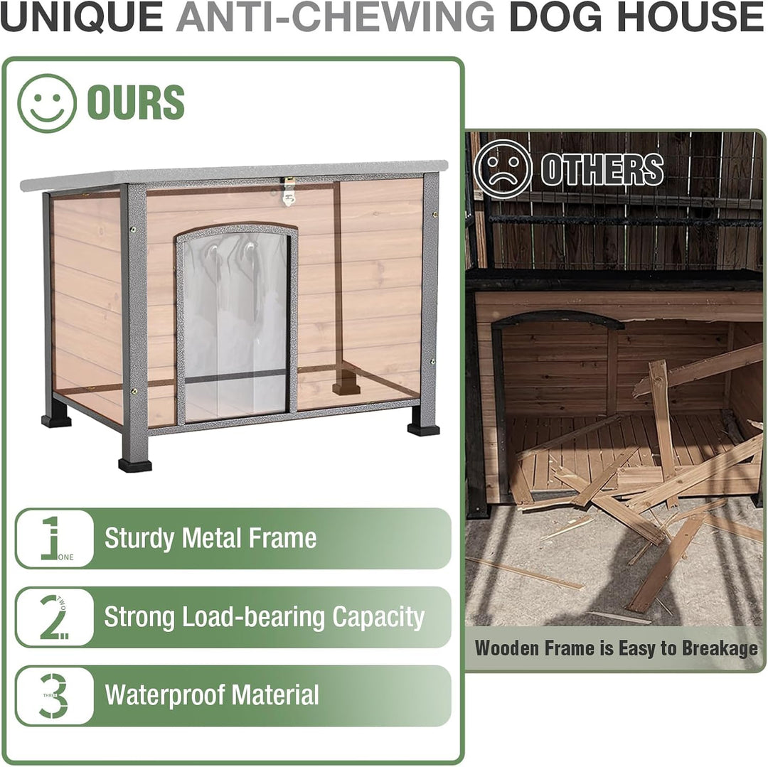 MEDEHOO 33.3’’ Heated Outdoor Dog House Weatherproof Insulated Dog Kennel with Metal Frame, Dog Shelter with Heating Pad, 6-Sided Insulated Liner and PVC Door Curtain for Winter (Brown)
