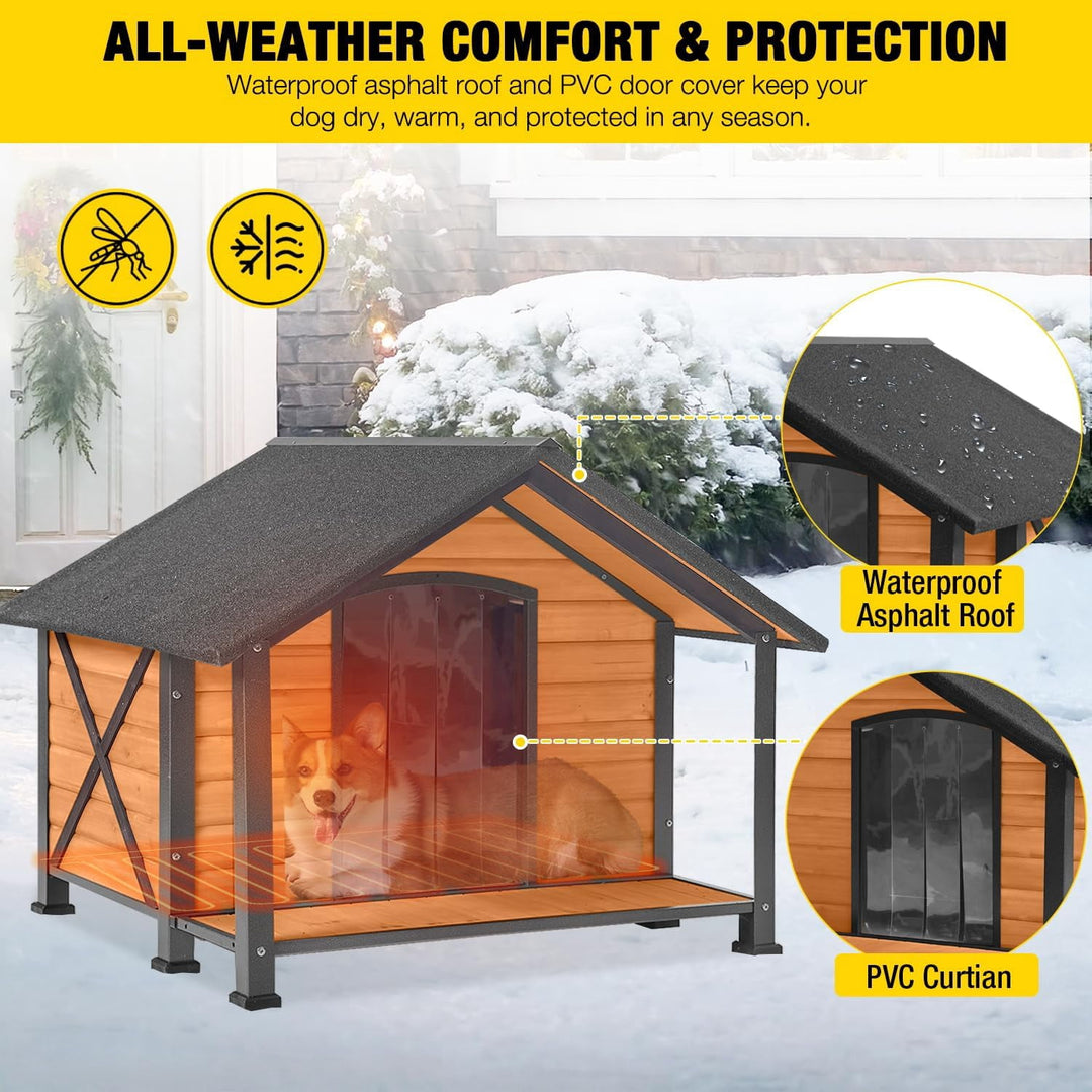 MEDEHOO Heated Outdoor Dog House - Weatherproof Insulated Wooden Shelter with Iron Frame, Large Porch for Medium &amp; Large Dogs, Indoor/Outdoor Kennel